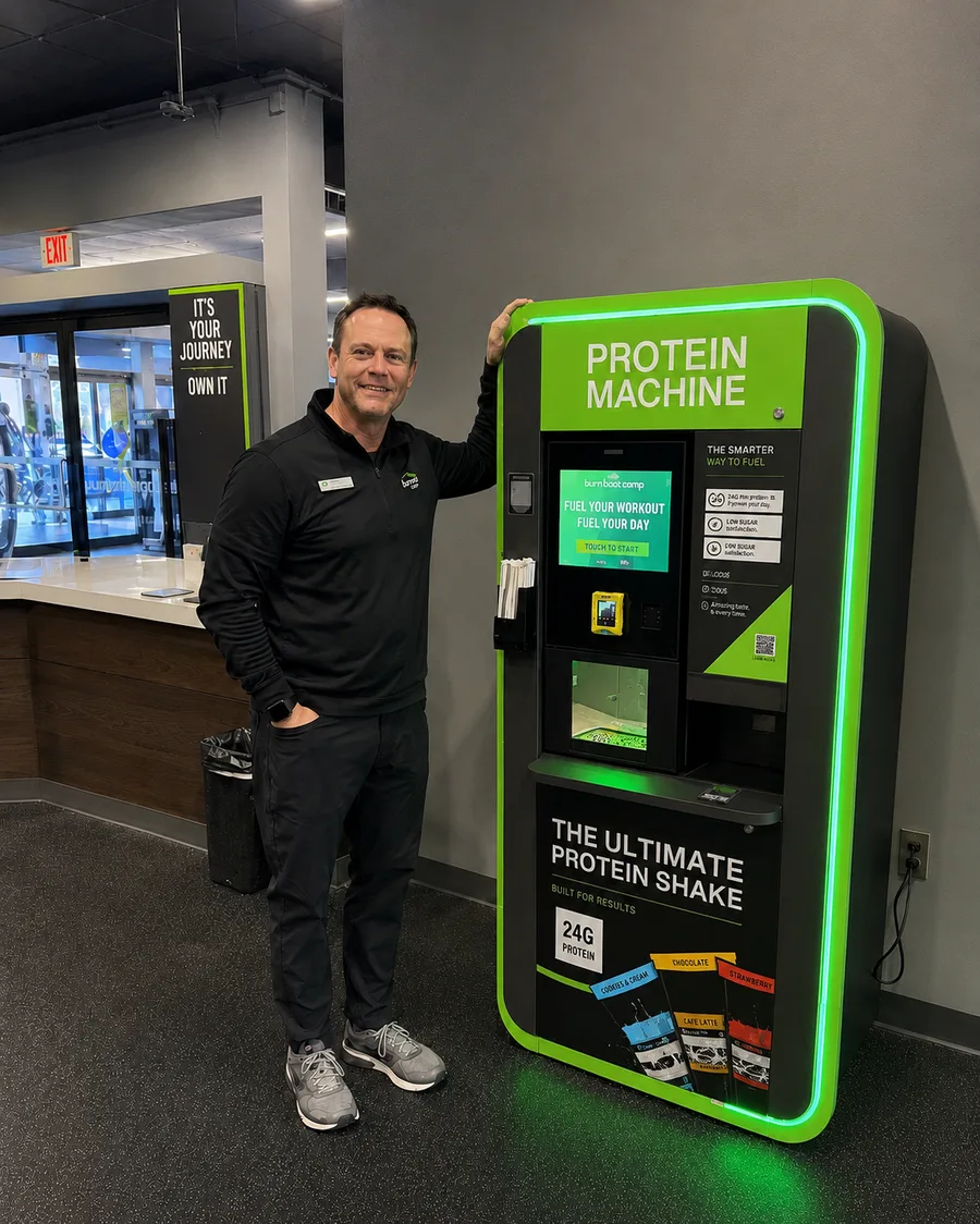 Protein and pre-workout station in a gym